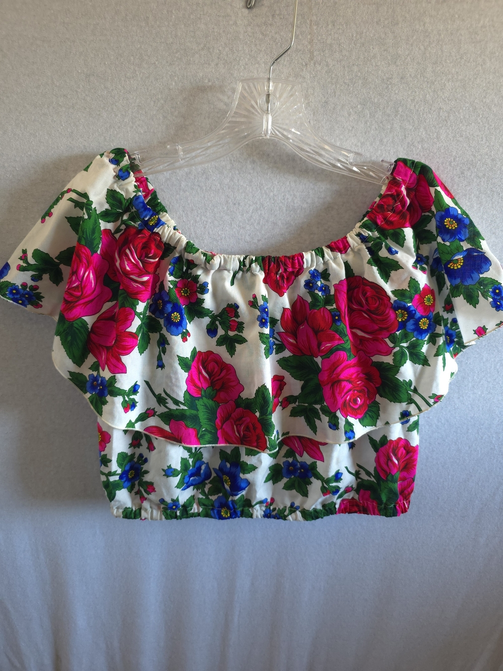 Floral Off-Shoulder Crop Top - Pink & Blue on White